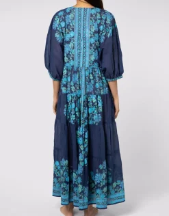 Rose Border Print V-Neck Maxi Dress - Indigo