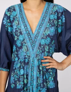 Rose Border Print V-Neck Maxi Dress - Indigo