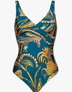 Satin Fruits Wrap Front Swimsuit - Ocean Pineapple