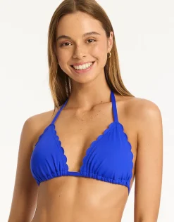 Scallop Halter Slide Tri Bikini Top - Cobalt