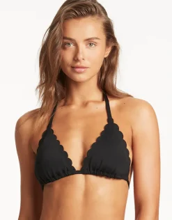 Scallop Halter Slide Tri Bikini Top - Black