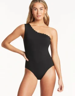 Scallop Wide Strap Diagonal Swimsuit - Black