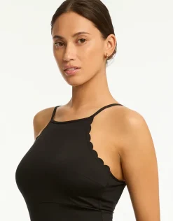 Scalloped Cross Back High Neck Swimsuit - Black