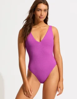 Sea Dive Deep V Neck Swimsuit - Violet