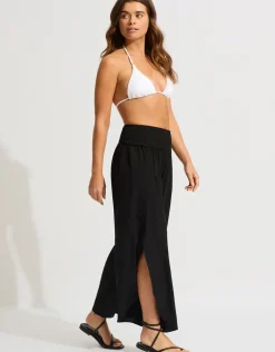 Shirred Waist Wrap Beach Trousers - Black