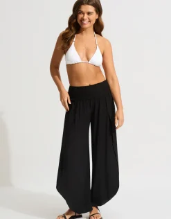 Shirred Waist Wrap Beach Trousers - Black