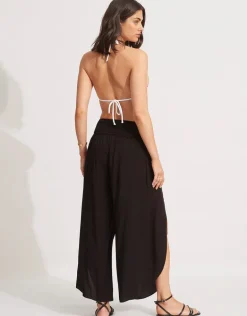 Shirred Waist Wrap Beach Trousers - Black