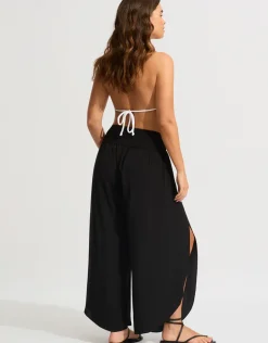 Shirred Waist Wrap Beach Trousers - Black
