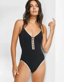 Silence Ladder Plunge Swimsuit - Black and White