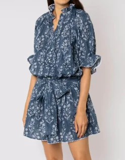 Small Flower Block Print Blouson Dress - Midnight