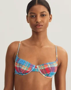 Smocked Madras Underwired Balconette Bikini Top - Multi