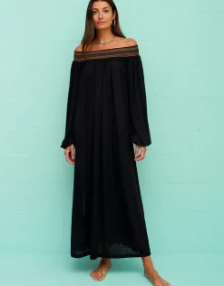 Smocked Off the Shoulder Dress - Black