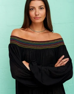 Smocked Off the Shoulder Dress - Black