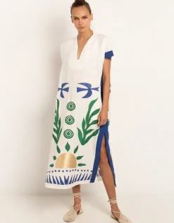 Sun Midi Kaftan - White Green and Blue