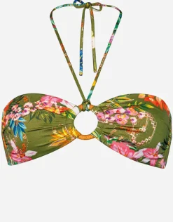 Sunset Florals Ring Front Bandeau Bikini Top - Warm Olive