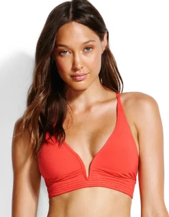 Swim Quilted Longline Triangle Bikini Top - Chilli Red