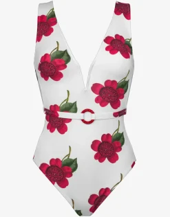 The Bloom Belted Plunge Swimsuit - White Red