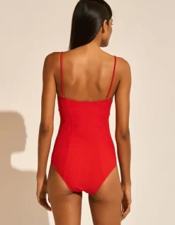 The Bloom Zipped Bandeau Swimsuit - Radiant Red