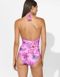 Tropic Radiance Plunge Halter Swimsuit - Electric Pink