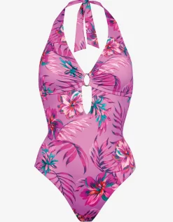 Tropic Radiance Plunge Halter Swimsuit - Electric Pink