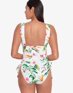 Watercolour Tropical Shirred Plunge Swimsuit - White Multi