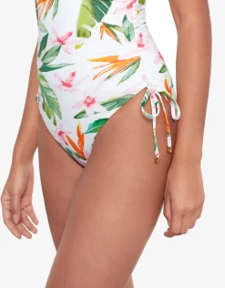 Watercolour Tropical Shirred Plunge Swimsuit - White Multi