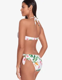 Watercolour Tropical Tie Front Halter Bikini Top - White Multi