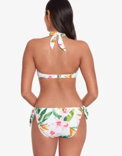 Watercolour Tropical Tie Front Halter Bikini Top - White Multi